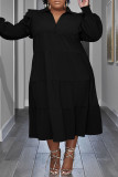 アーミーグリーンカジュアルソリッドパッチワークターンダウンカラーストレートプラスサイズドレス