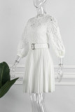 Branco elegante sólido patchwork dobrado com cinto o pescoço vestidos retos