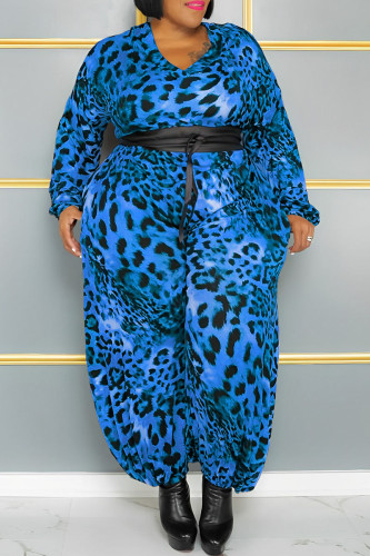 Patchwork di leopardo con stampa di strada sexy blu senza cintura con scollo a V Tute taglie forti (senza cintura)