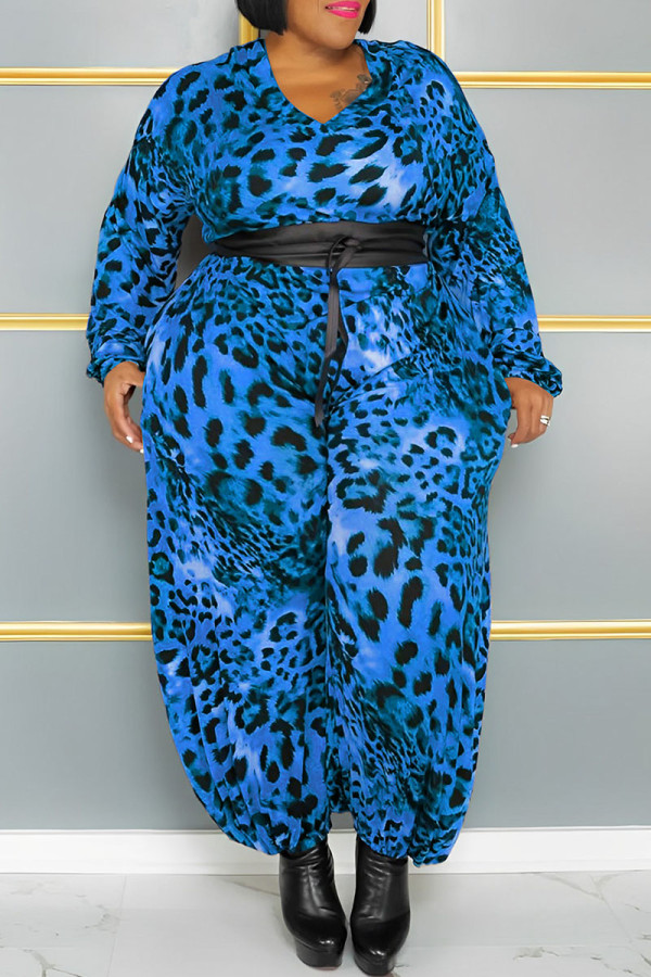 Blau Sexy Street Print Leopard Patchwork ohne Gürtel V-Ausschnitt Plus Size Jumpsuits (ohne Gürtel)