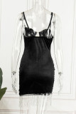 Noir Sexy Solid Tassel Patchwork See-through Hot Drill Spaghetti Strap Crayon Jupe Robes