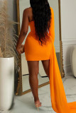 Orange, sexy, solide, ausgehöhlte Patchwork-Federn mit Rollkragen und langen Ärmeln