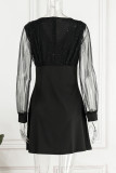 Schwarze, elegante, solide Pailletten-Patchwork-Kleider mit V-Ausschnitt und langen Ärmeln