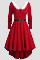 Красные повседневные однотонные платья в стиле пэчворк с V-образным вырезом и длинными рукавами
