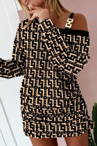 Vestidos rectos con cuello asimétrico de patchwork con estampado informal de color caqui