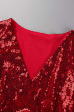 Röd Elegant Solid Bandage Paljetter Patchwork V-hals Aftonklänning Klänningar
