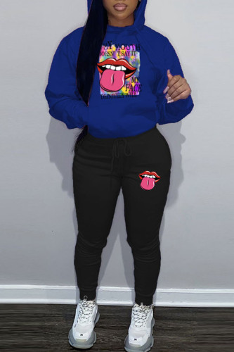 Blue Casual Letter Print Hooded Collar Long Sleeve Sweatshirt And Pants Sportwear Two Piece Jogger Set