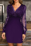 Фиолетовые сексуальные повседневные платья в стиле пэчворк с V-образным вырезом и длинными рукавами