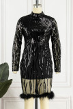 Robes de jupe crayon noir élégant solide paillettes patchwork plumes O cou