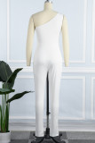 White Fashion Sexy Patchwork Hot Drilling Hollowed Out Backless One Shoulder Skinny Jumpsuits