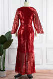 Röd Elegant Solid Bandage Paljetter Patchwork V-hals Aftonklänning Klänningar