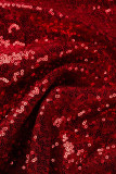 Rotes, elegantes, solides Bandage-Pailletten-Patchwork-Abendkleid mit V-Ausschnitt