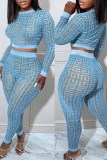 Sky Blue Sexy Geometry Print See-through O Neck Long Sleeve Two Pieces Crop Tops And Skinny Pants Sets