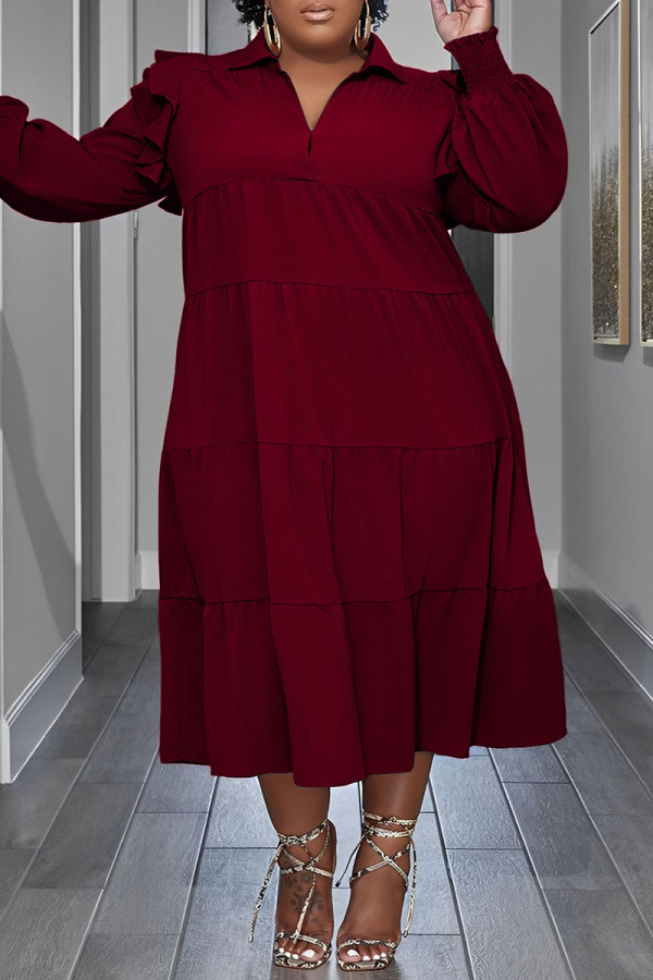 バーガンディ カジュアル ソリッド パッチワーク ターンダウン カラー ストレート プラス サイズ ドレス