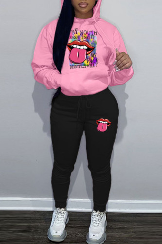 Pink Casual Letter Print Hooded Collar Long Sleeve Sweatshirt And Pants Sportwear Two Piece Jogger Set