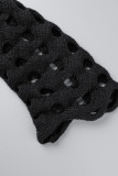 Prendas de abrigo de cuello de cárdigan de patchwork ahuecado sólido casual negro