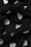 Agasalhos preto casual sólido vazado patchwork gola cardigã