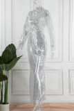 シルバー セクシー ソリッド スパンコール パッチワーク ハーフ タートルネック ワンステップ スカート ドレス