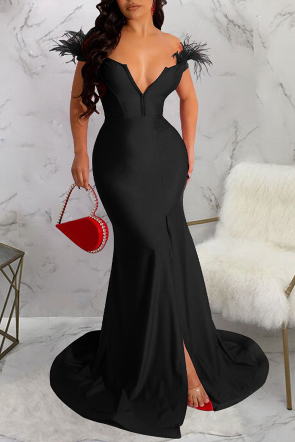 Schwarze, sexy, solide Patchwork-Federn mit V-Ausschnitt, Abendkleid, Kleider