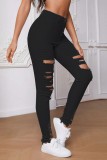 Zwarte casual effen gescheurde patchwork skinny jeans met hoge taille