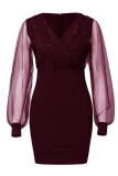 Purple Sexy Casual Patchwork Basic V Neck Long Sleeve Dresses