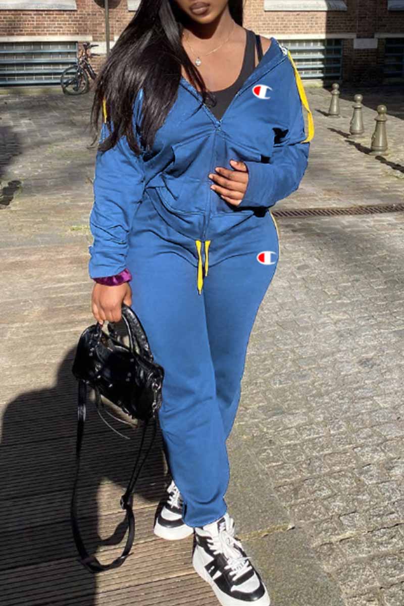 

Blue Casual Print Patchwork Hooded Collar Long Sleeve Two Pieces