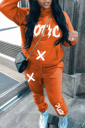 Orange Casual Letter Print Hooded Collar Long Sleeve Sweatshirt And Pants Sportwear Two Piece Jogger Set