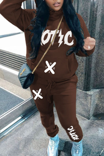Brown Casual Letter Print Hooded Collar Long Sleeve Sweatshirt And Pants Sportwear Two Piece Jogger Set