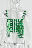 Green Sexy Patchwork Hollowed Out See-through Backless Square Collar Tops
