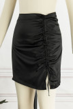 Noir Sexy Solid Patchwork Draw String Fold Regular Taille Haute Straight Solid Color Bottoms
