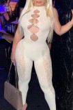 White Sexy Hollowed Out Patchwork O Neck Skinny Jumpsuits