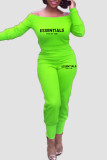 Флуоресцентно-зеленый Повседневный принт Пэчворк С открытыми плечами Длинный рукав Из двух частей