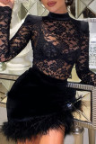 Negro sexy sólido patchwork plumas medio cuello alto lápiz falda vestidos