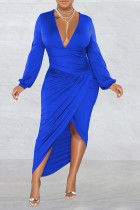 Blauwe sexy effen patchwork vouw asymmetrische V-hals onregelmatige jurkjurken