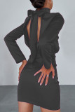 Cinza escuro sexy sólido patchwork sem costas com laço meia gola alta vestidos saia de um degrau