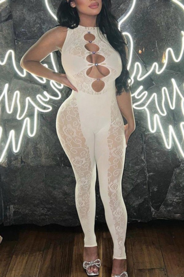 Белые сексуальные облегающие комбинезоны с круглым вырезом в стиле пэчворк