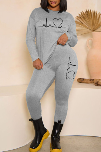 Grey Casual Print Patchwork O Neck Long Sleeve Two Pieces