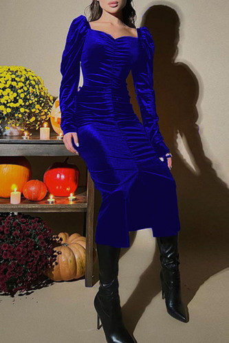 Blue Elegant Solid Patchwork Fold Square Collar One Step Skirt Dresses