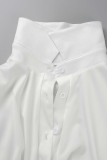 ホワイト カジュアル ソリッド 中空 ターンダウンカラー シャツドレス ドレス