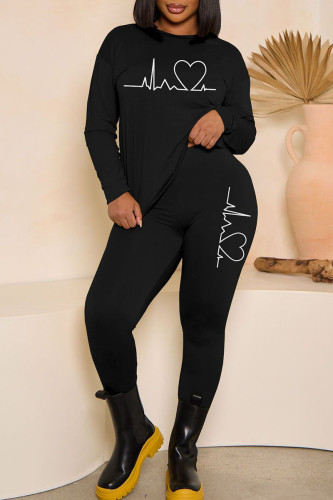 Black Casual Print Patchwork O Neck Long Sleeve Two Pieces