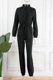 Black Street Solid Draw String Turndown Collar Long Sleeve Two Pieces