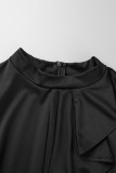 Черные повседневные однотонные платья в стиле пэчворк с воланами и круглым вырезом