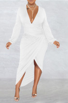 White Sexy Solid Patchwork Fold Asymmetrical V Neck Irregular Dress Dresses