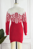 Red Casual Patchwork Turtleneck Straight Dresses
