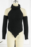Black Sexy Solid Patchwork Asymmetrical Turtleneck Tops(With Sleeves)