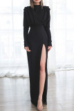 Zwarte elegante effen patchwork rugloze split vouw O hals rechte jurken