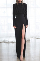 Zwarte elegante effen patchwork rugloze split vouw O hals rechte jurken