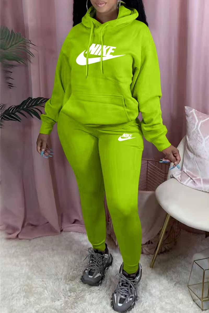 

Fluorescent Green Casual Print Letter Hooded Collar Long Sleeve Two Pieces