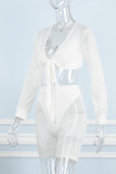 White Sexy Solid See-through V Neck Long Sleeve Four Piece Set