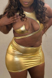 Vestidos de falda de tubo con cuello en O ahuecado sólido sexy dorado